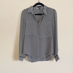 Theory 100% Silk Striped Navy White Button Up Blouse Size SP